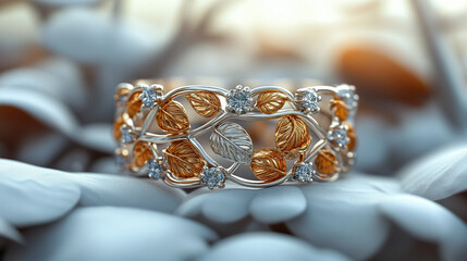 A symbolic silver and gold ring with intertwined vines and leaves, representing growth, connection, and unity. Elegant design on a white background, showcasing modern craftsmanship