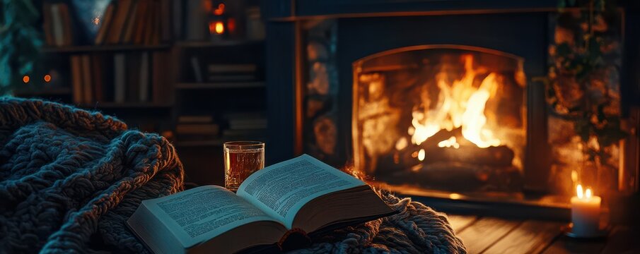 Cozy evening by the fireplace with a book and candlelight ambiance