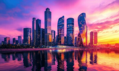 Fototapeta premium Dramatic glowing cityscape at sunset, reflecting bold orange and purple hues on sleek urban skyscrapers for a dynamic view