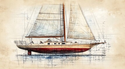 Naklejka premium Vintage Sailboat Illustration: A Classic Yacht on Calm Waters