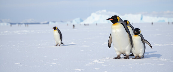 Obraz premium Emperor penguins standing on the icy landscape, portraying a serene and cold ambiance, while interacting with their chicks against the backdrop of snow and icebergs