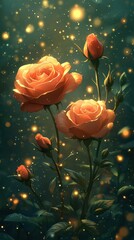 Obraz premium Beautiful pink roses on green background with floating petals in soft sunlight. Space for text