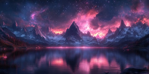 Fototapeta premium Celestial Mountainscape: A Nighttime Panorama of Majestic Peaks and Starry Skies Reflecting on a Serene Lake
