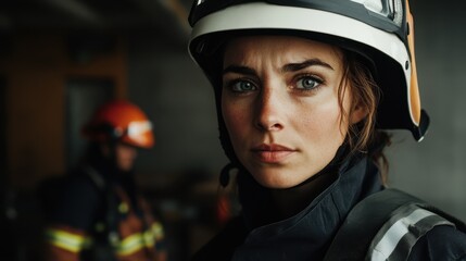 Captivating portrait of a dedicated female firefighter showcasing courage and determination, ready to respond to emergencies and protect the community.