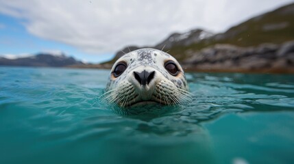 Fototapeta premium Harbor Seal Emerging from Water, Mountains in Background