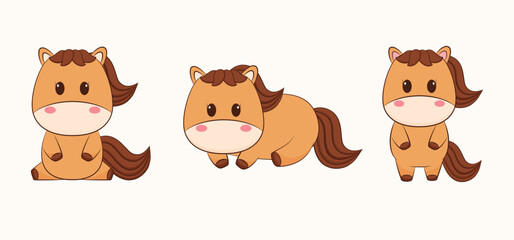 Fototapeta premium A set of character little brown horses. Vector illustration