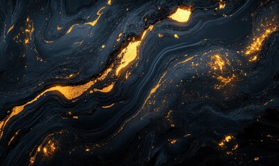 Luxurious black marble texture with intricate golden veins, illuminated by glowing ambient light, creating a bold and opulent aesthetic