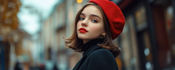Fototapeta premium Stylish young woman in red beret on city street with autumn backdrop, looking confident and fashionable