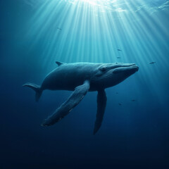 Blue Whale Swimming in the Deep Ocean