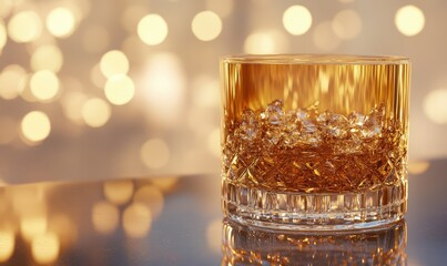 Elegant crystal glass filled with golden sparkling liquid, soft light emphasizing its vibrant color and luxurious details