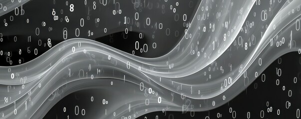 Abstract flowing binary waves and digital data stream with zeroes and ones
