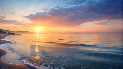 Golden sunrise over calm ocean waves with vibrant orange sky. Peaceful seascape with warm morning light reflecting on water. Beach retreat concept,  resort, wellness , meditation center