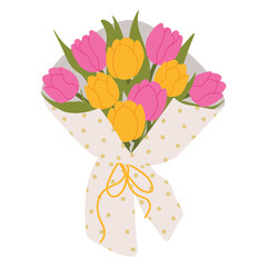 Bouquet of pink and yellow tulips wrapped in decorative paper with dots,, tied with a ribbon. Floral illustration in a soft, elegant style for spring holidays and Mother's Day