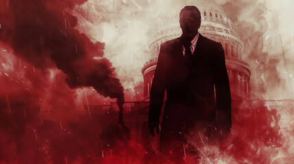 Mysterious silhouette of a suited man against the US Capitol building background in dark red tones with smoke effects, creating an ominous atmosphere of political intrigue and power