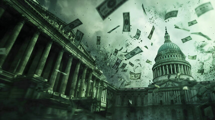 Flying dollar bills against the iconic Capitol building backdrop in eerie green tones, symbolizing financial corruption and economic turmoil in American politics.
