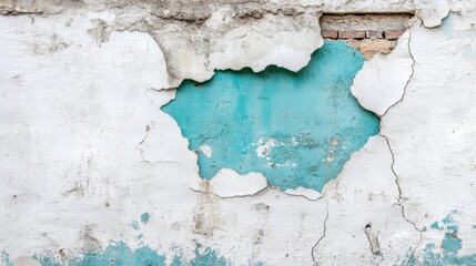 Obraz premium A weathered white wall with torn patches and holes revealing a bright cyan background