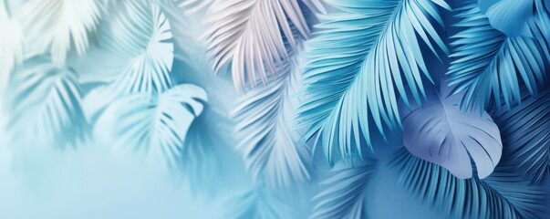 Abstract blue and white paper palm leaves on gradient background