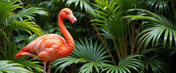 Fototapeta premium Flamingo standing gracefully amidst lush green foliage, radiating a peaceful and vibrant essence
