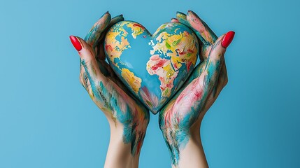 Female hands painted in the world map pattern, forming a heart shape against a blue background.