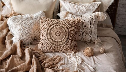 Cozy bedroom decor featuring handmade macrame pillows on a neutral-colored bed