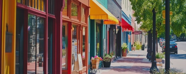 Obraz premium Colorful storefronts and vibrant awning on sunny urban street