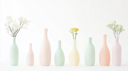   Row of pastel-colored vases filled with yellow flowers