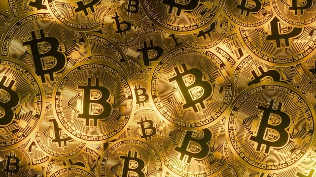 Loop 3d animation with crypto coins background with chaotic rotating bitcoins