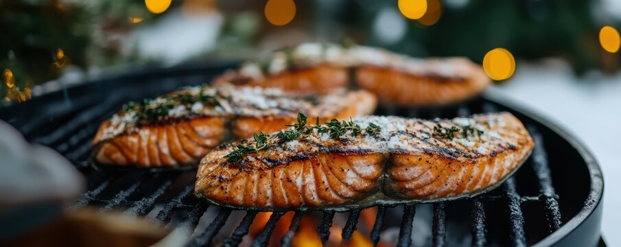 Grilled salmon fillets with fresh herbs and seasoning on outdoor bbq grill