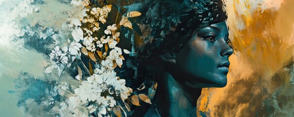 Artistic portrait of thoughtful woman in profile with floral and abstract background