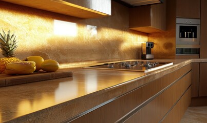 Luxurious modern kitchen setup glowing softly with warm lighting, featuring sleek marble countertops and natural wooden accents