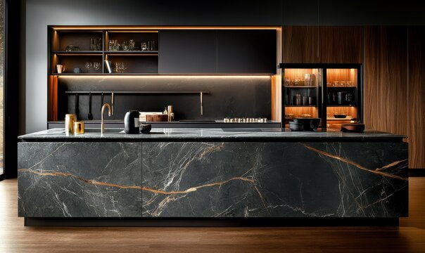 Luxurious modern kitchen glowing with soft ambient lighting, featuring sleek marble countertops and warm wooden accents