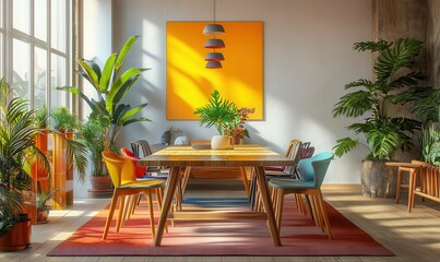 Elegant dining room with a long wooden table, colorful chairs, and vibrant indoor plants adding freshness.