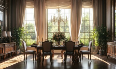 Obraz premium Elegant dining room with large windows, warm wooden furniture, and an arrangement of fresh flowers on the tabl