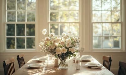 Elegant dining room with soft neutral tones, a wooden table set with fresh flowers, and large windows letting in bright natural light, serene and minimalist design