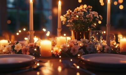 Elegant dinner table setting with glowing candles and floral decorations, warm ambient lighting creating a cozy romantic atmosphere, rich tones