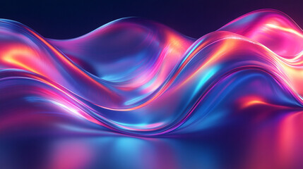 Fototapeta premium A 3D crystal glass liquid wave with refraction and holographic effect, creating a fluid splash with a rainbow gradient, isolated against a dark background. Modern, dynamic wave rendering