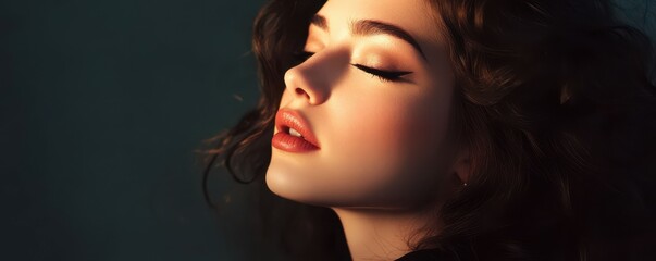 Fototapeta premium Young caucasian female with curly hair and glamorous makeup in profile view