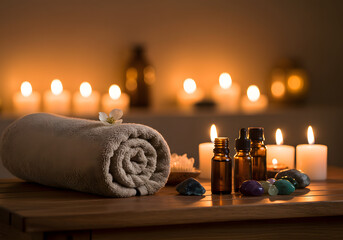 A cozy spa scene with essential oils, candles, and a warm towel