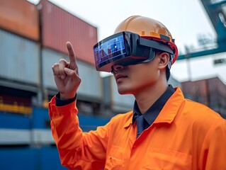 VR in Industry: An industrial worker immersed in virtual reality, wearing a helmet, interacting with a digital interface, showcasing technological advancement and innovation.