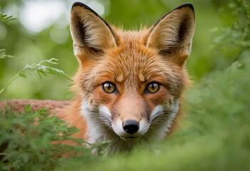 Fototapeta premium Red Fox Peering Through Ferns with Amber Eyes