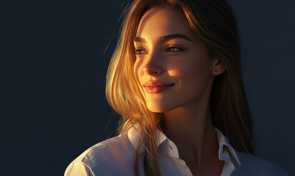 Elegant woman with a confident smile wearing a crisp white shirt, soft ambient lighting highlighting her professional yet approachable vibe,