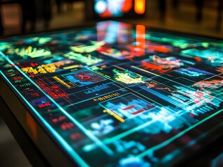 Interactive Digital Display: The image captures a close-up of an interactive digital display, its surface alive with colorful data and graphics.