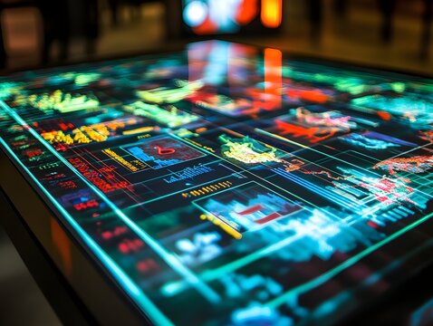 Interactive Digital Display: The image captures a close-up of an interactive digital display, its surface alive with colorful data and graphics.