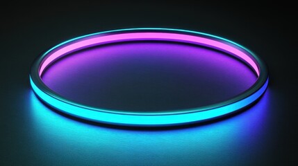 A glowing neon ring in shades of blue and purple floating on a dark black background