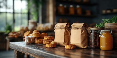 Fototapeta premium Artisan Bakery Goods and Honey Display: Rustic Charm in a Cozy Shop