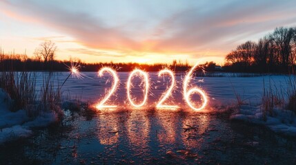 Fototapeta premium A glowing sparkler writing the numbers in the air on a twilight sky background