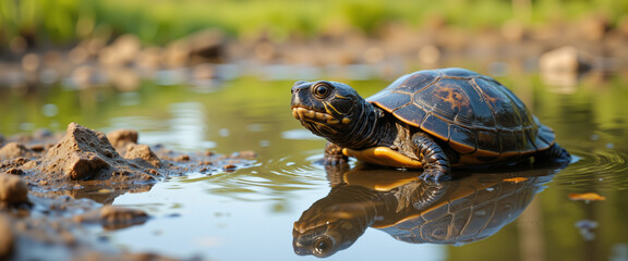 Turtle in a serene pond reflecting its vivid shell, exuding tranquility while basking in the sunlight amidst lush greenery