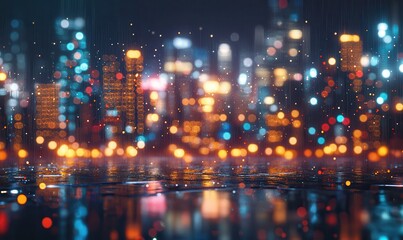 Fototapeta premium Dynamic cityscape at night with glowing lights reflecting on wet streets, softly illuminated to create a vibrant and urban atmosphere