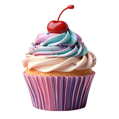 A Fluffy 3D Cartoon Cupcake with Colorful Frosting and Cherry Isolated on Transparent Background