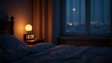 Sleep schedule, A bedroom scene with a glowing digital clock viewed from the left dimly lit by a bedside lamp calm atmosphere 8K UHD.